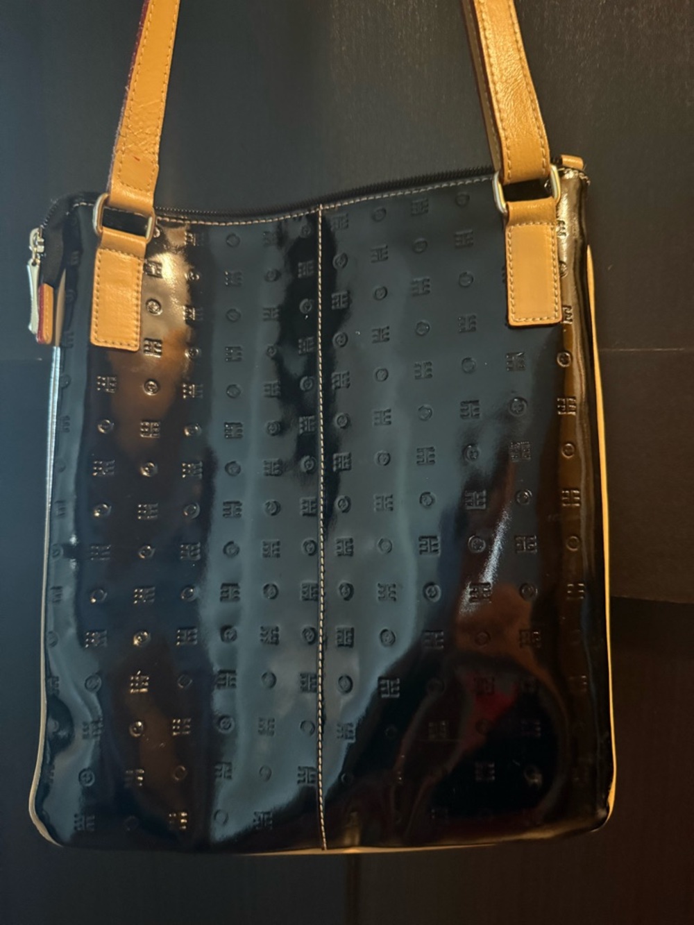 Arcadia Black Patent Crossbody with Tan Straps